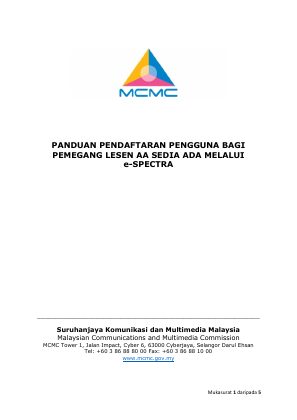 First page of PANDUAN PENDAFTARAN PENGGUNA BAGI PEMEGANG LESEN AA SEDIA ADA MELALUI e-SPECTRA