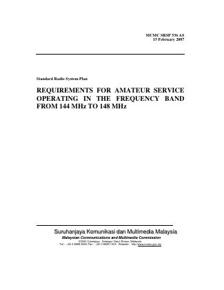 First page of MCMC SRSP 536 — Amateur Service 144–148 MHz (2007)