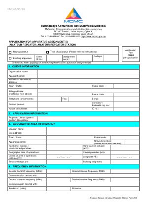 First page of Application for Apparatus Assignment(s) (Amateur Repeater: Amateur Repeater Station)