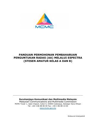 First page of PANDUAN PERMOHONAN PEMBAHARUAN PENGUNTUKAN RADAS (AA) MELALUI ESPECTRA (STESEN AMATUR KELAS A DAN B)