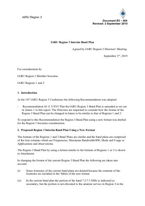 First page of IARU Region 3 Interim Band Plan — September 2019
