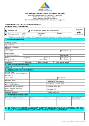 First page of Application for Apparatus Assignment(s) (Service: Amateur Station)