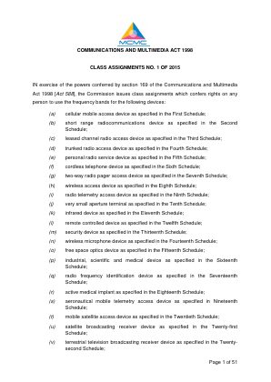 First page of Communication and Multimedia Act 1998 Class Assignments CA No 1 2015 1