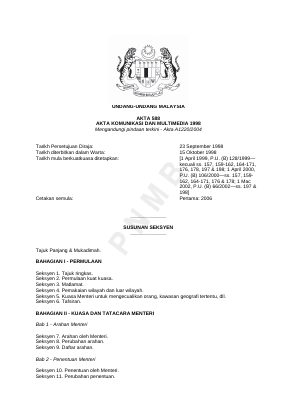 First page of Akta Komunikasi dan Multimedia 1998 — Bahasa Melayu (Cetakan 2006)